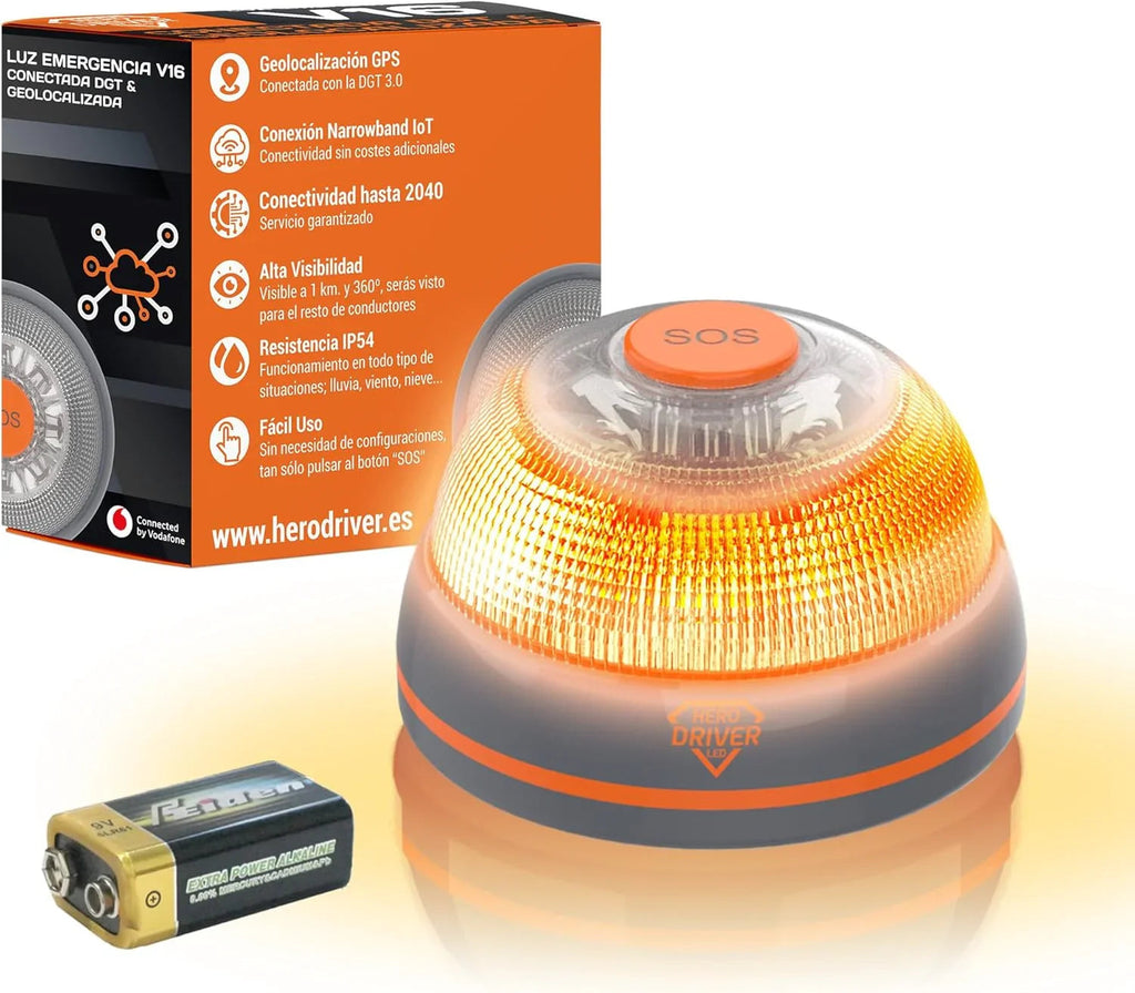 Balise D’urgence V16 Hero Driver LED - Connectée DGT 3.0 - Géolocalisation - Sans Abonnement Jusqu’en 2040 - Pour Voiture, Moto