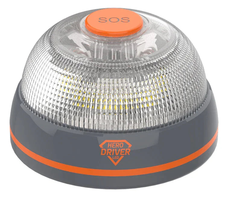 Baliza LED V16 Hero Driver con botón SOS naranja y diseño gris con detalles en naranja