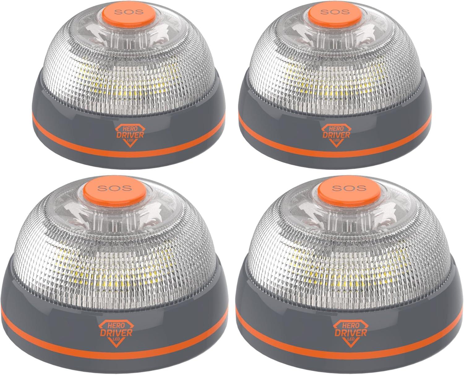 Cuatro balizas LED conectadas Hero Driver con botón SOS naranja y luz transparente para emergencia