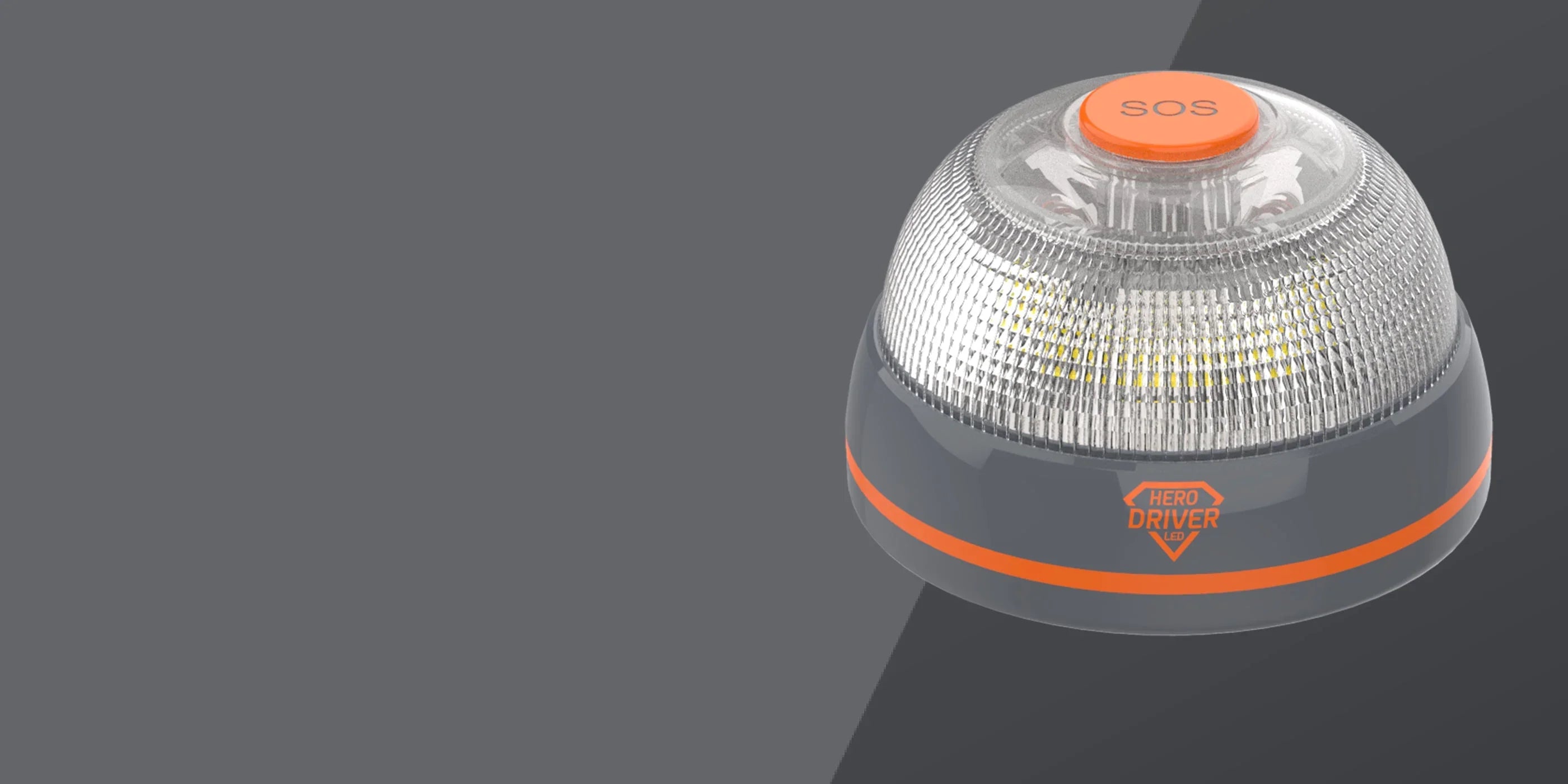 Baliza LED Hero Driver con botón naranja SOS sobre fondo gris oscuro