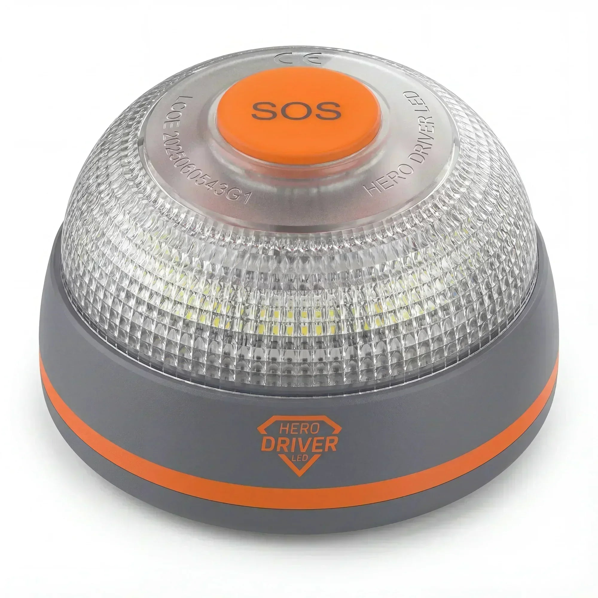 Baliza LED gris con botón naranja SOS y texto Hero Driver, luz de emergencia certificada