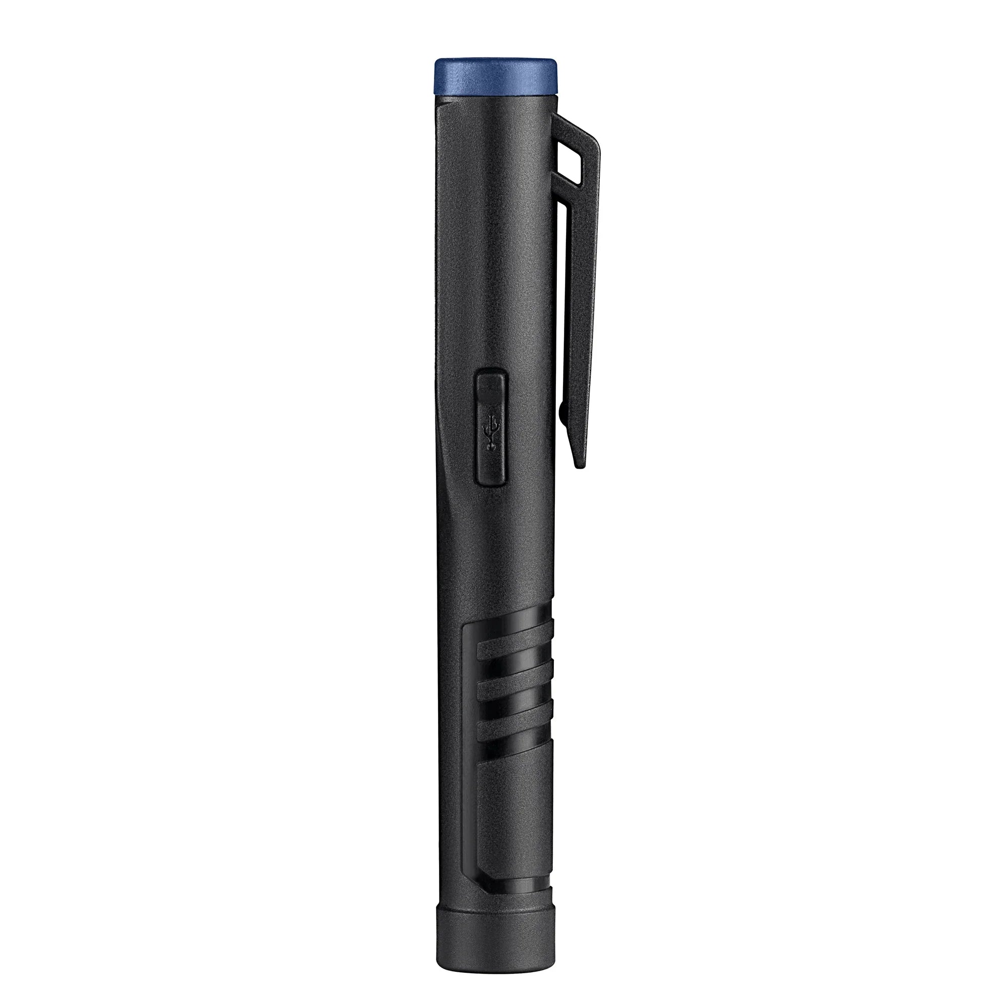 Linterna LED compacta negra con clip y tapa azul, diseño portátil y moderno