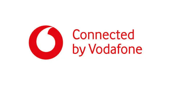 Logotipo rojo de Vodafone con texto Connected by Vodafone en fondo blanco