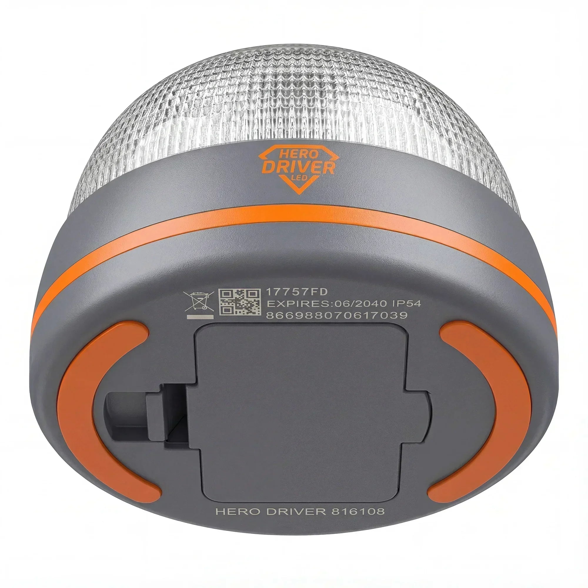 Baliza LED Hero Driver certificada DGT con carcasa gris y detalles naranjas, resistente IP54