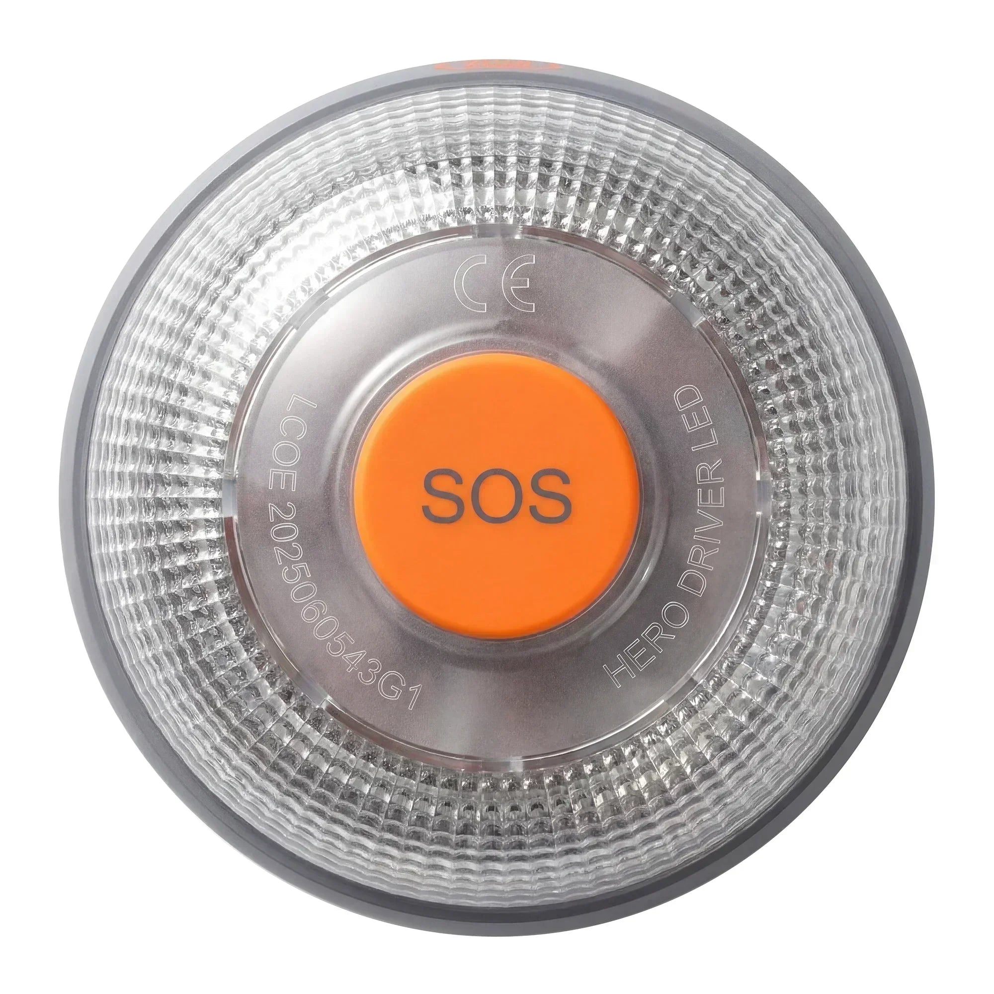 Baliza circular LED con botón naranja SOS, certificada CE y texto Hero Driver LED