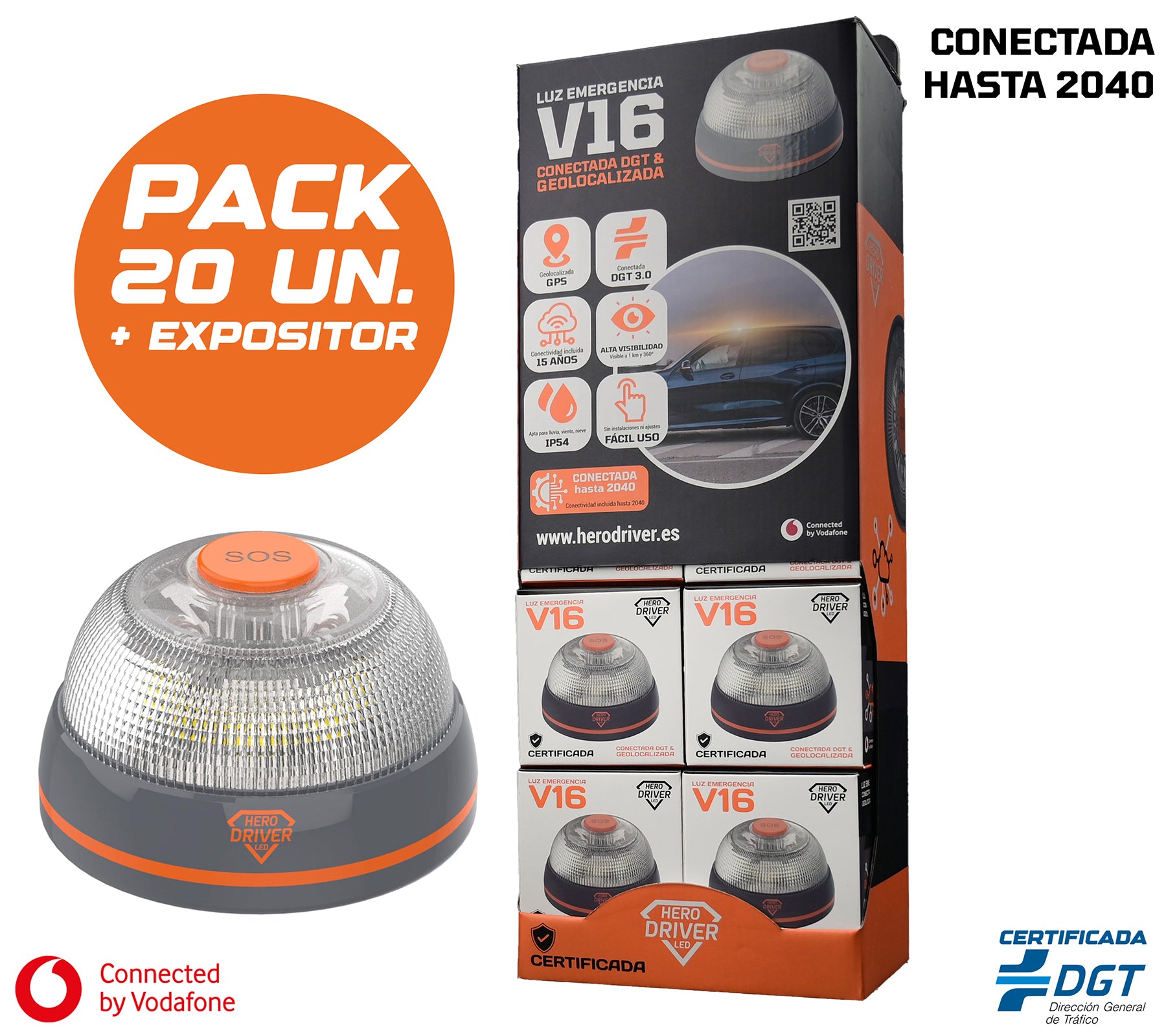 Expositor 20 Balizas V16 Conectadas Hero Driver LED – Certificadas por DGT