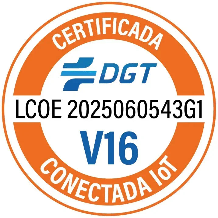Sello certificado DGT LCOE V16 conectado IoT con código 2025060543G1 en fondo blanco y naranja